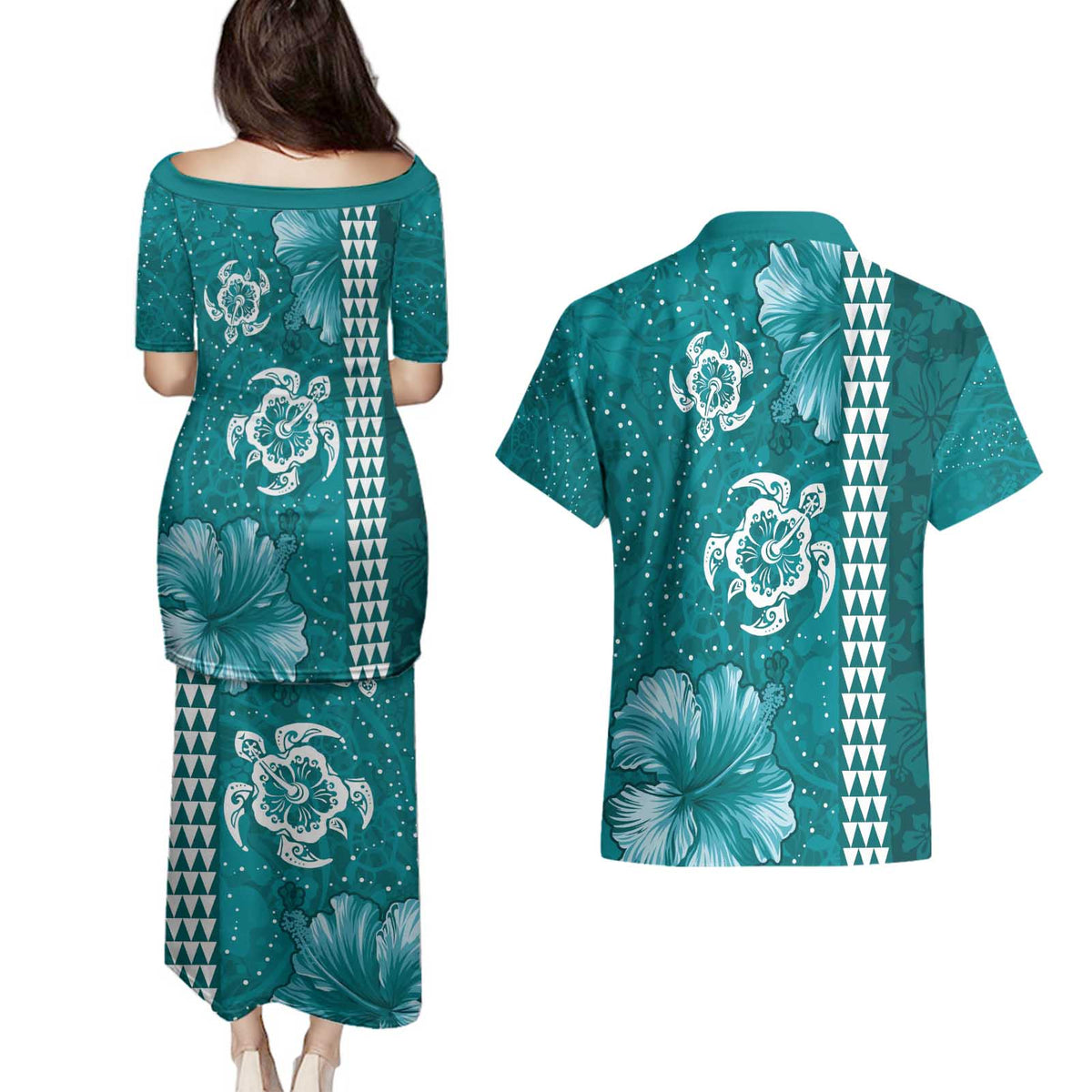 Teal Hibiscus Turle Couples Matching Puletasi and Hawaiian Shirt Hawaiian Style Tribal Tapa Pattern LT9 - Polynesian Pride