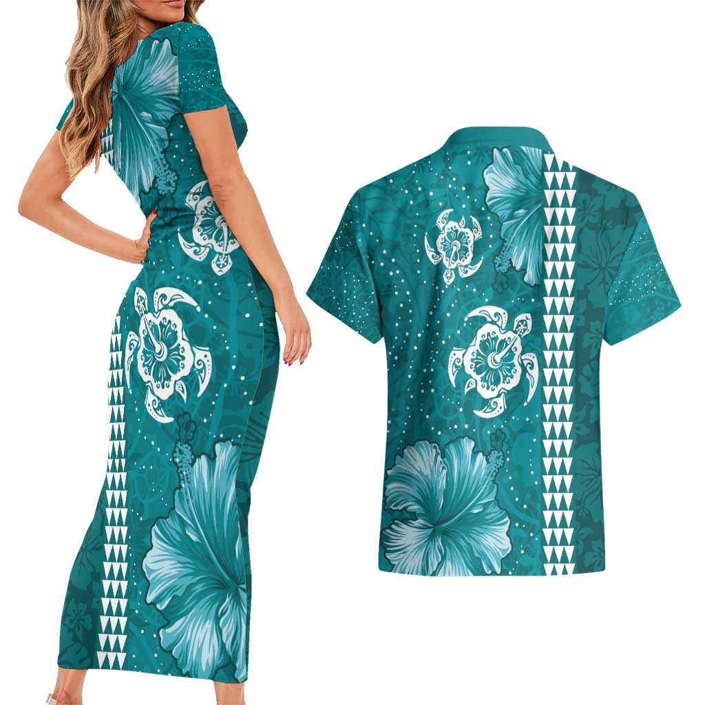 Teal Hibiscus Turle Couples Matching Short Sleeve Bodycon Dress and Hawaiian Shirt Hawaiian Style Tribal Tapa Pattern LT9 - Polynesian Pride