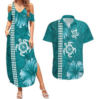 Teal Hibiscus Turle Couples Matching Summer Maxi Dress and Hawaiian Shirt Hawaiian Style Tribal Tapa Pattern LT9 Teal - Polynesian Pride