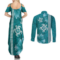 Teal Hibiscus Turle Couples Matching Summer Maxi Dress and Long Sleeve Button Shirt Hawaiian Style Tribal Tapa Pattern LT9 - Polynesian Pride