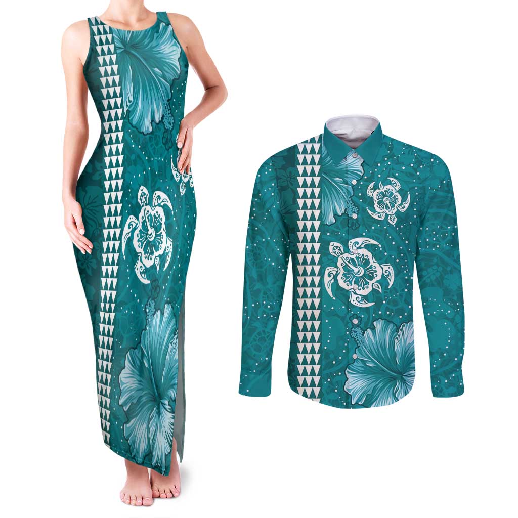 Teal Hibiscus Turle Couples Matching Tank Maxi Dress and Long Sleeve Button Shirt Hawaiian Style Tribal Tapa Pattern LT9 Teal - Polynesian Pride