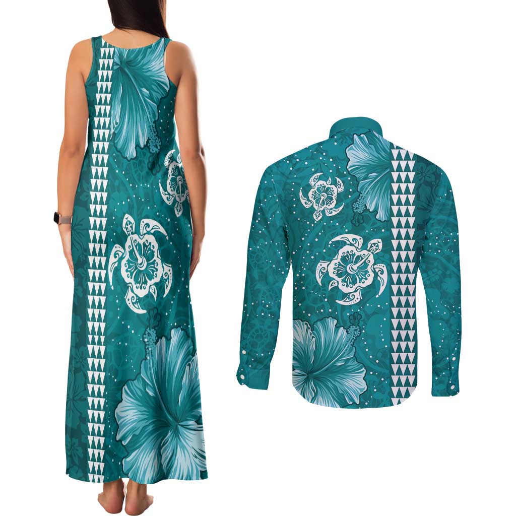 Teal Hibiscus Turle Couples Matching Tank Maxi Dress and Long Sleeve Button Shirt Hawaiian Style Tribal Tapa Pattern LT9 - Polynesian Pride
