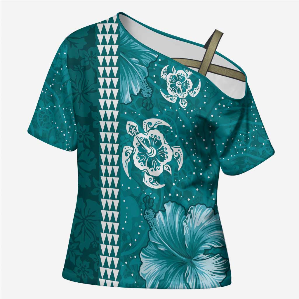Teal Hibiscus Turle Cross Shoulder Shirt Hawaiian Style Tribal Tapa Pattern LT9 Female Teal - Polynesian Pride