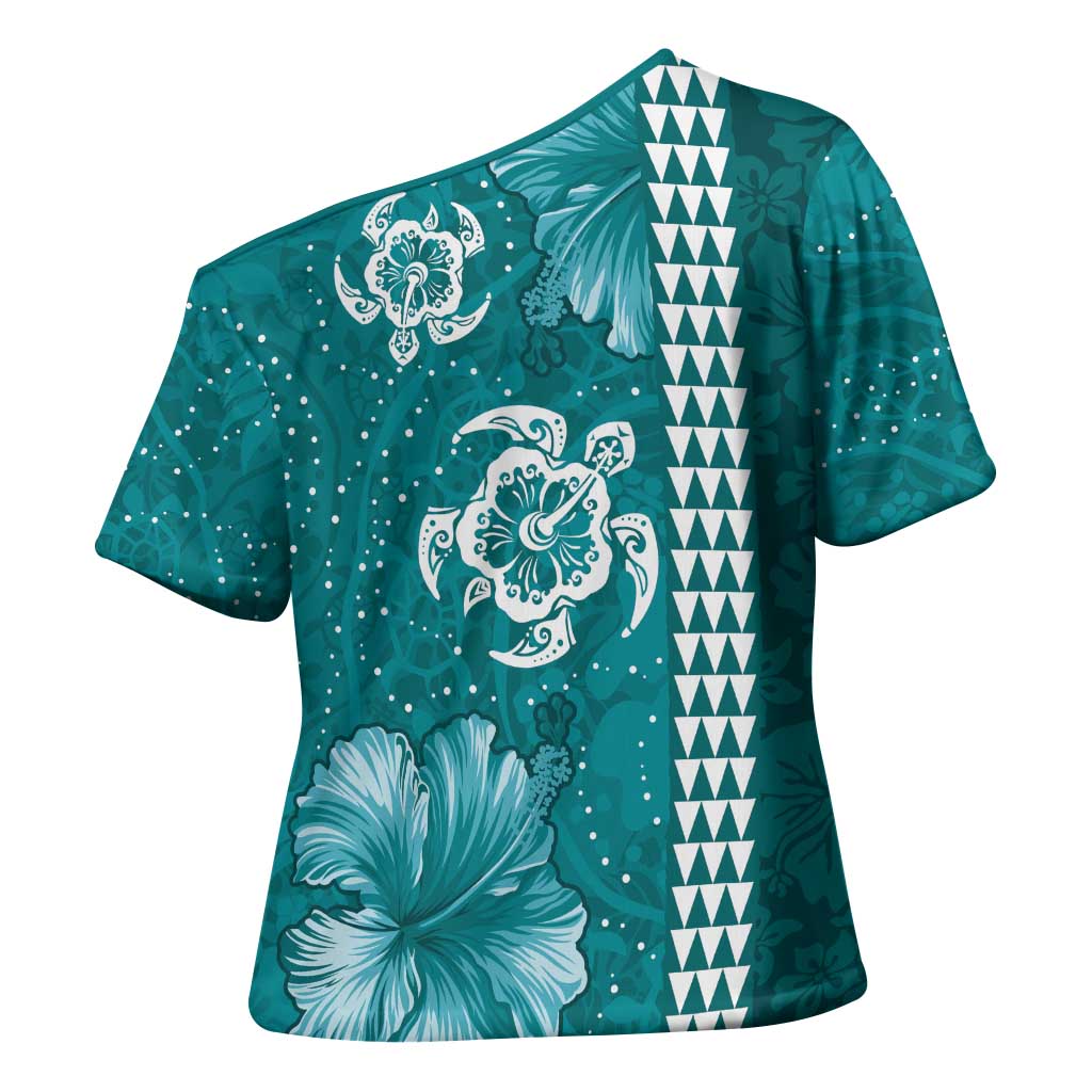 Teal Hibiscus Turle Cross Shoulder Shirt Hawaiian Style Tribal Tapa Pattern LT9 - Polynesian Pride