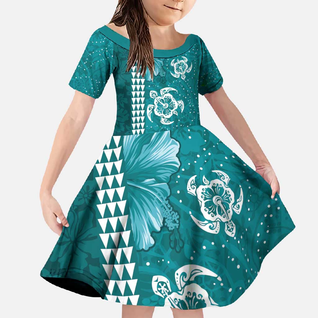Teal Hibiscus Turle Family Matching Long Sleeve Bodycon Dress and Hawaiian Shirt Hawaiian Style Tribal Tapa Pattern LT9 Daughter's Dress Teal - Polynesian Pride