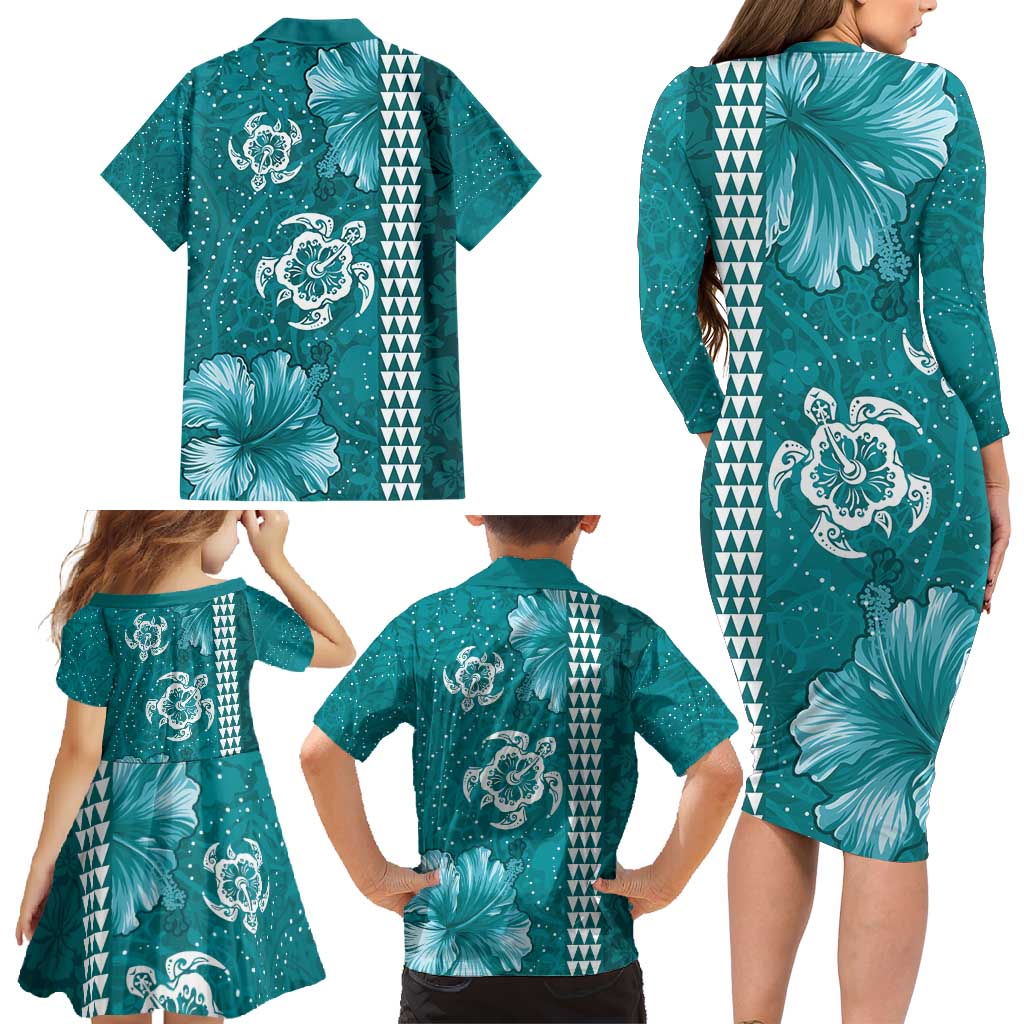 Teal Hibiscus Turle Family Matching Long Sleeve Bodycon Dress and Hawaiian Shirt Hawaiian Style Tribal Tapa Pattern LT9 - Polynesian Pride