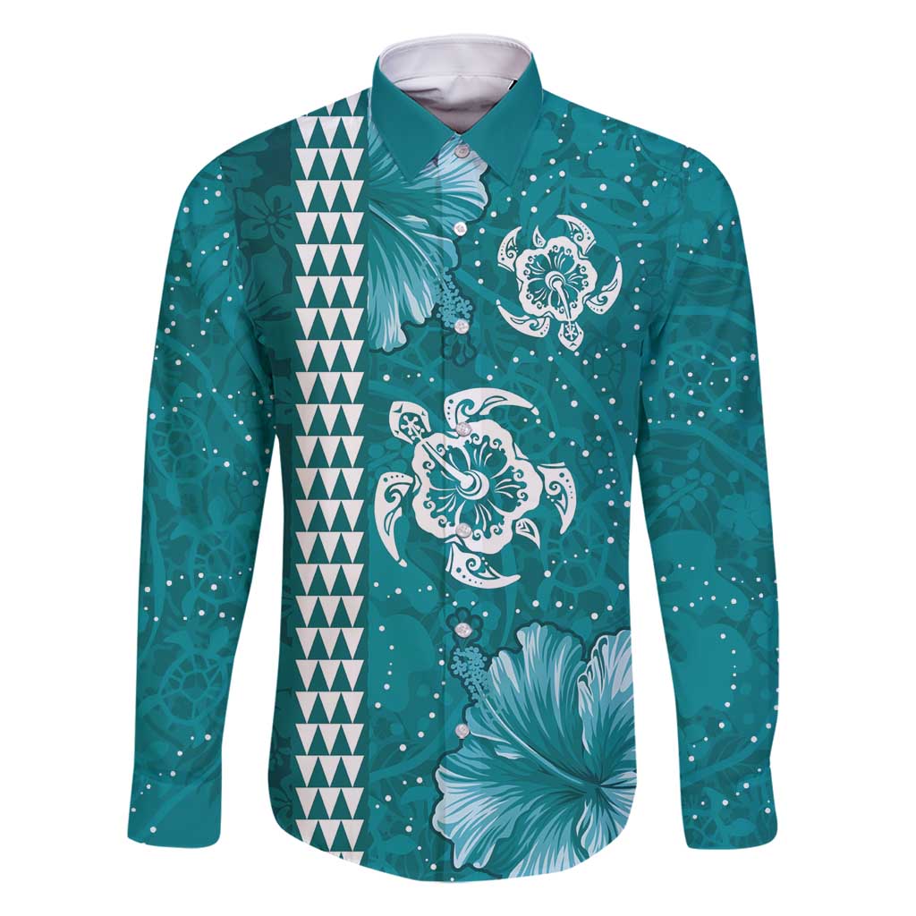 Teal Hibiscus Turle Family Matching Long Sleeve Bodycon Dress and Hawaiian Shirt Hawaiian Style Tribal Tapa Pattern LT9 Dad's Shirt - Long Sleeve Teal - Polynesian Pride