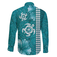 Teal Hibiscus Turle Family Matching Long Sleeve Bodycon Dress and Hawaiian Shirt Hawaiian Style Tribal Tapa Pattern LT9 - Polynesian Pride