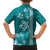 Teal Hibiscus Turle Family Matching Off The Shoulder Long Sleeve Dress and Hawaiian Shirt Hawaiian Style Tribal Tapa Pattern