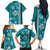 Teal Hibiscus Turle Family Matching Off The Shoulder Long Sleeve Dress and Hawaiian Shirt Hawaiian Style Tribal Tapa Pattern