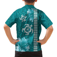 Teal Hibiscus Turle Family Matching Off Shoulder Maxi Dress and Hawaiian Shirt Hawaiian Style Tribal Tapa Pattern