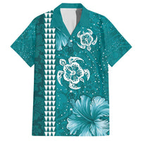 Teal Hibiscus Turle Family Matching Puletasi and Hawaiian Shirt Hawaiian Style Tribal Tapa Pattern LT9 Dad's Shirt - Short Sleeve Teal - Polynesian Pride