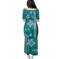 Teal Hibiscus Turle Family Matching Puletasi and Hawaiian Shirt Hawaiian Style Tribal Tapa Pattern LT9 - Polynesian Pride