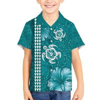 Teal Hibiscus Turle Family Matching Puletasi and Hawaiian Shirt Hawaiian Style Tribal Tapa Pattern LT9 Son's Shirt Teal - Polynesian Pride