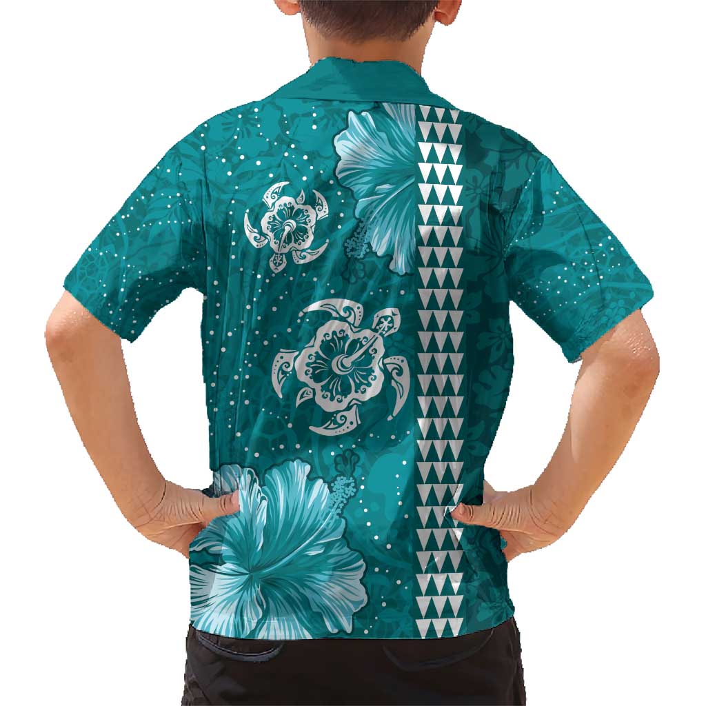 Teal Hibiscus Turle Family Matching Short Sleeve Bodycon Dress and Hawaiian Shirt Hawaiian Style Tribal Tapa Pattern LT9 - Polynesian Pride