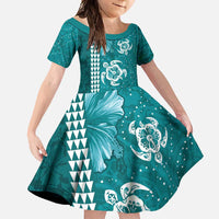 Teal Hibiscus Turle Family Matching Short Sleeve Bodycon Dress and Hawaiian Shirt Hawaiian Style Tribal Tapa Pattern LT9 Daughter's Dress Teal - Polynesian Pride