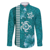 Teal Hibiscus Turle Family Matching Short Sleeve Bodycon Dress and Hawaiian Shirt Hawaiian Style Tribal Tapa Pattern LT9 Dad's Shirt - Long Sleeve Teal - Polynesian Pride