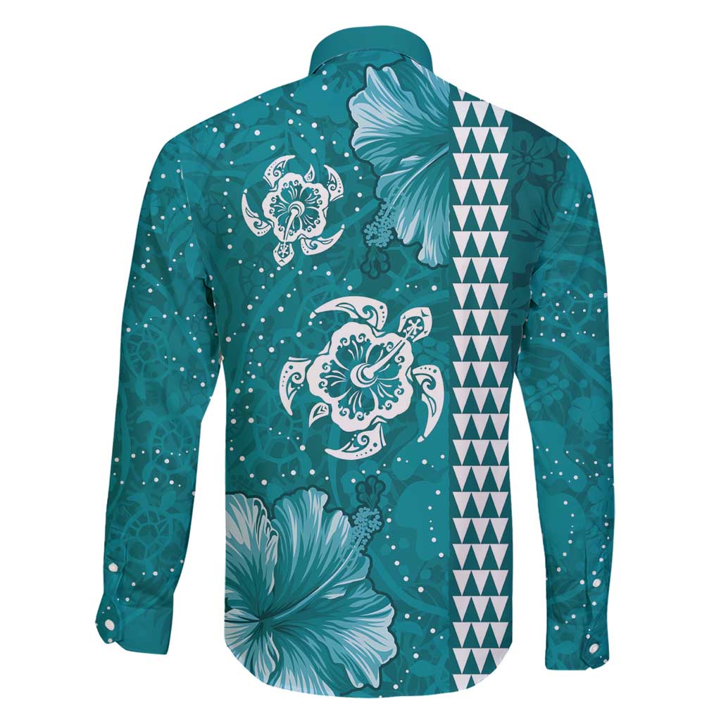 Teal Hibiscus Turle Family Matching Short Sleeve Bodycon Dress and Hawaiian Shirt Hawaiian Style Tribal Tapa Pattern LT9 - Polynesian Pride