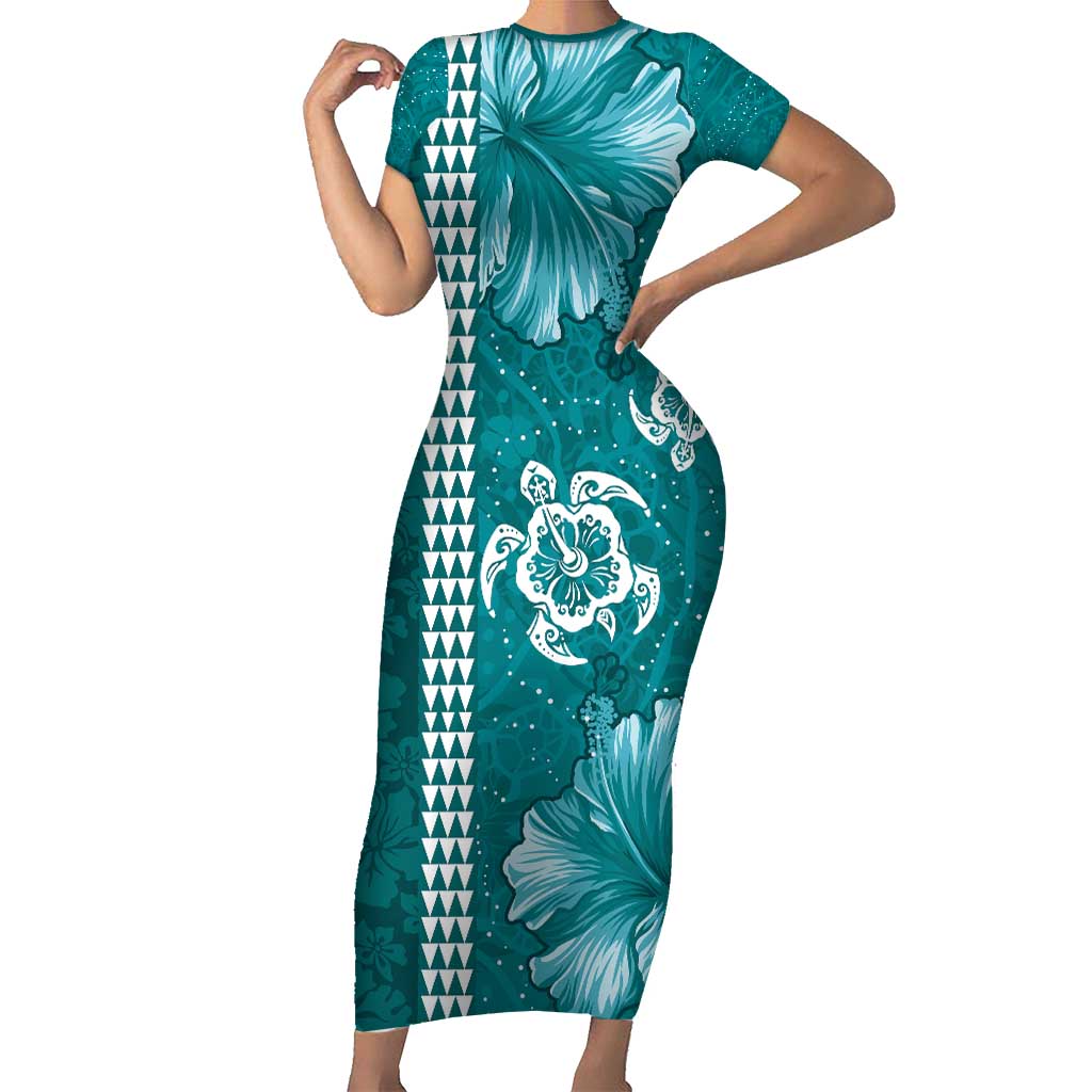 Teal Hibiscus Turle Family Matching Short Sleeve Bodycon Dress and Hawaiian Shirt Hawaiian Style Tribal Tapa Pattern LT9 Mom's Dress Teal - Polynesian Pride