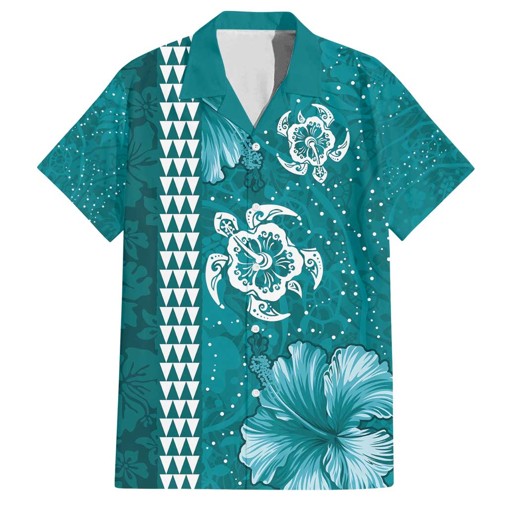 Teal Hibiscus Turle Family Matching Summer Maxi Dress and Hawaiian Shirt Hawaiian Style Tribal Tapa Pattern