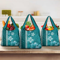 Teal Hibiscus Turle Grocery Bag Hawaiian Style Tribal Tapa Pattern LT9 3-pack One Size Teal - Polynesian Pride