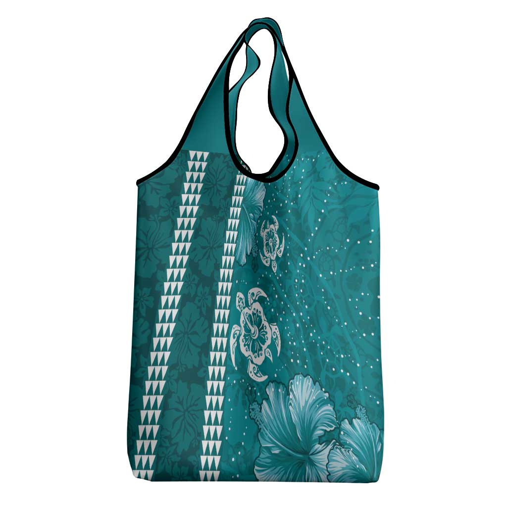 Teal Hibiscus Turle Grocery Bag Hawaiian Style Tribal Tapa Pattern LT9 - Polynesian Pride