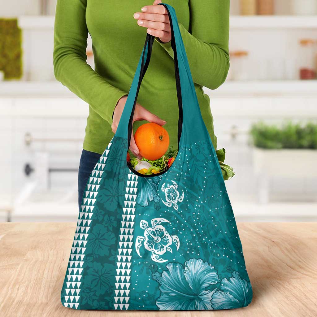 Teal Hibiscus Turle Grocery Bag Hawaiian Style Tribal Tapa Pattern LT9 - Polynesian Pride
