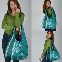 Teal Hibiscus Turle Grocery Bag Hawaiian Style Tribal Tapa Pattern LT9 - Polynesian Pride