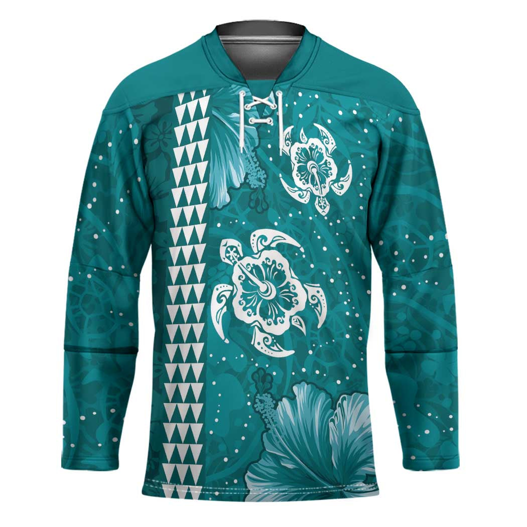 Teal Hibiscus Turle Hockey Jersey Hawaiian Style Tribal Tapa Pattern LT9 Unisex Teal - Polynesian Pride