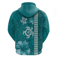 Teal Hibiscus Turle Hoodie Hawaiian Style Tribal Tapa Pattern