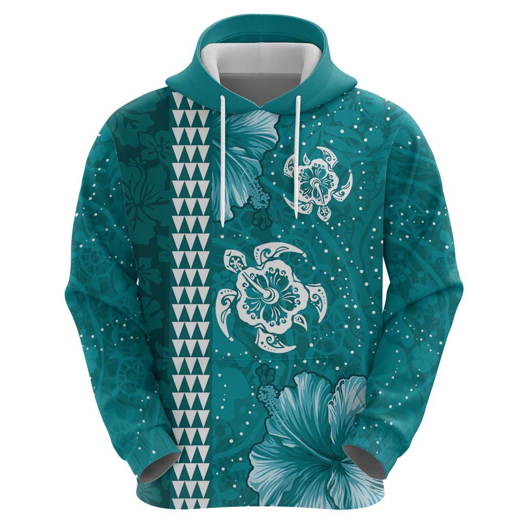 Teal Hibiscus Turle Hoodie Hawaiian Style Tribal Tapa Pattern