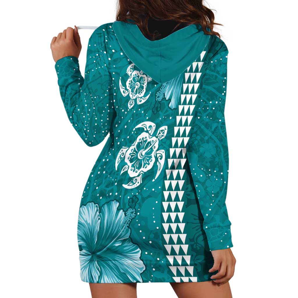 Teal Hibiscus Turle Hoodie Dress Hawaiian Style Tribal Tapa Pattern