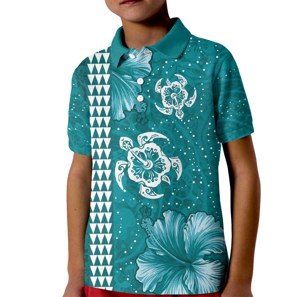 Teal Hibiscus Turle Kid Polo Shirt Hawaiian Style Tribal Tapa Pattern