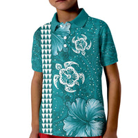 Teal Hibiscus Turle Kid Polo Shirt Hawaiian Style Tribal Tapa Pattern