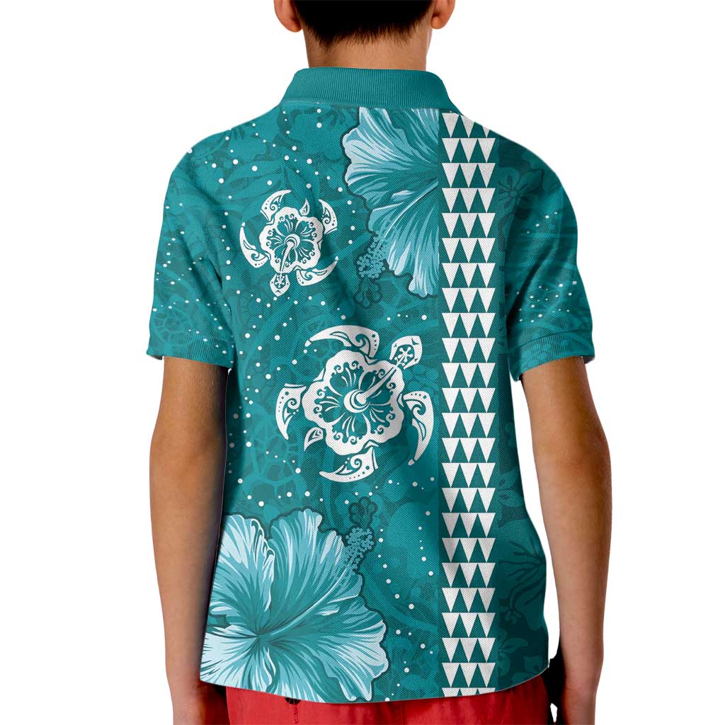Teal Hibiscus Turle Kid Polo Shirt Hawaiian Style Tribal Tapa Pattern
