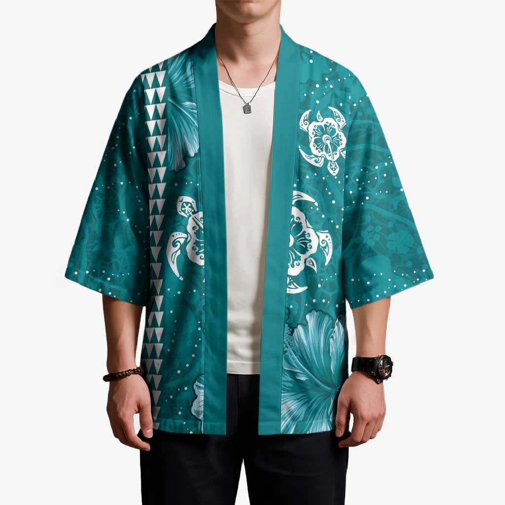 Teal Hibiscus Turle Kimono Hawaiian Style Tribal Tapa Pattern - Polynesian Pride