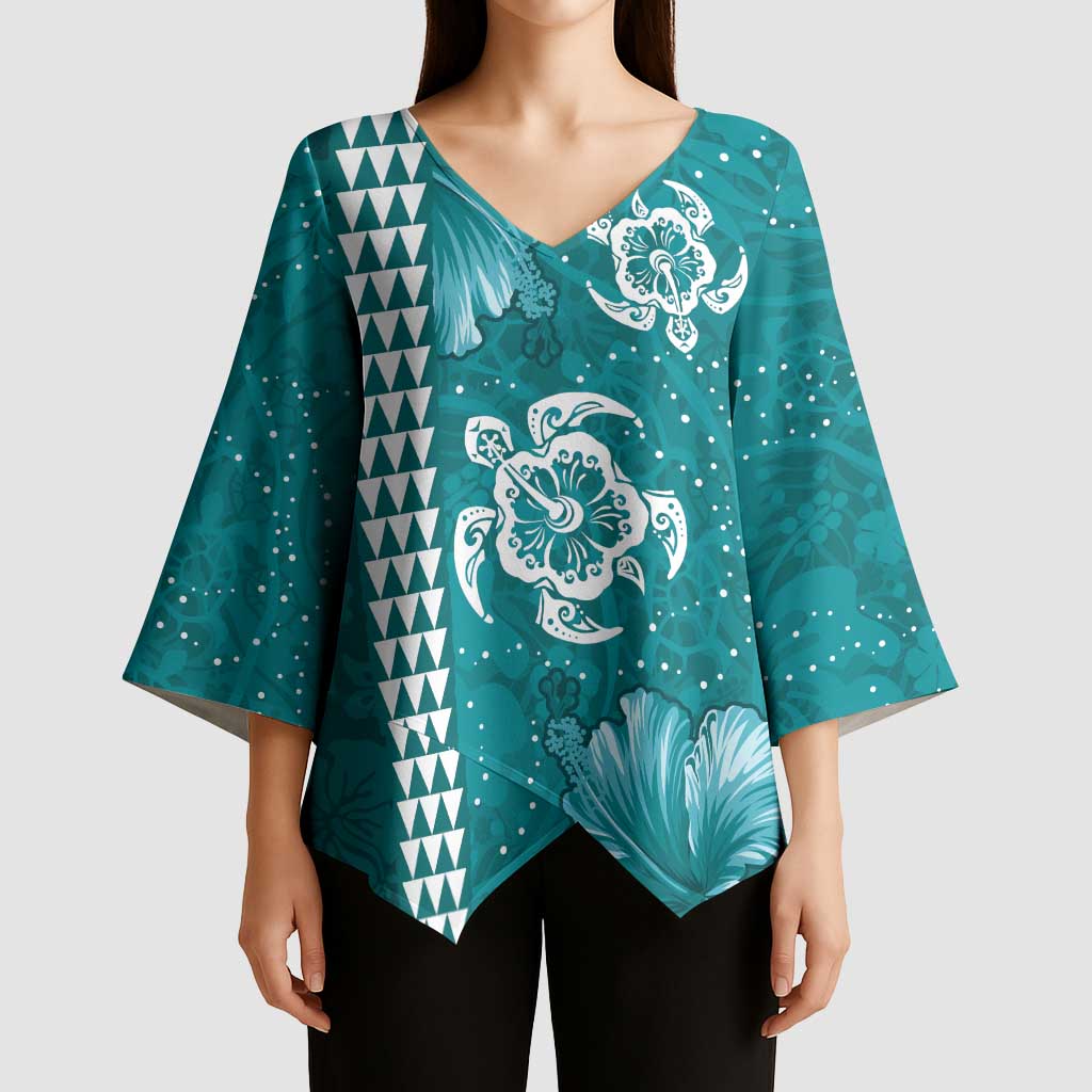 Teal Hibiscus Turle Kimono Sleeve Blouse Hawaiian Style Tribal Tapa Pattern - Polynesian Pride