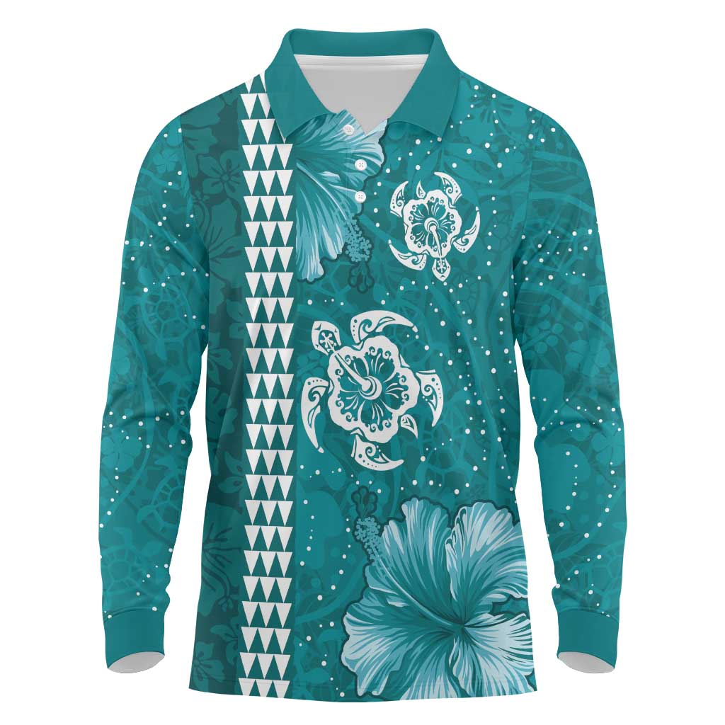 Teal Hibiscus Turle Long Sleeve Polo Shirt Hawaiian Style Tribal Tapa Pattern