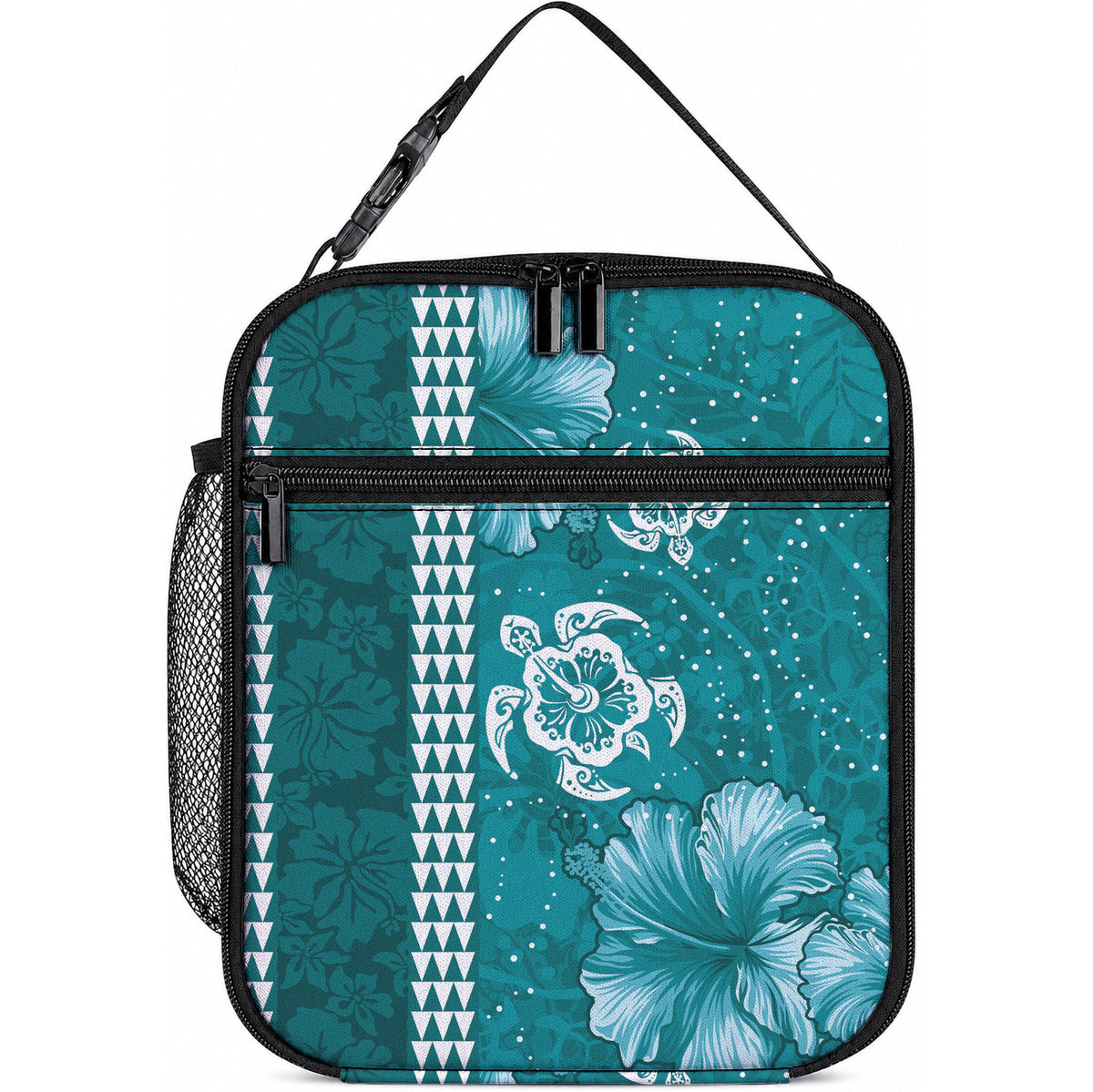 Teal Hibiscus Turtle Lunch Bag Hawaiian Style Tribal Tapa Pattern LT9 10.2 × 8.3 × 4.3 inch Teal - Polynesian Pride