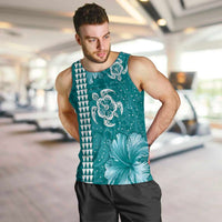 Teal Hibiscus Turle Men Tank Top Hawaiian Style Tribal Tapa Pattern