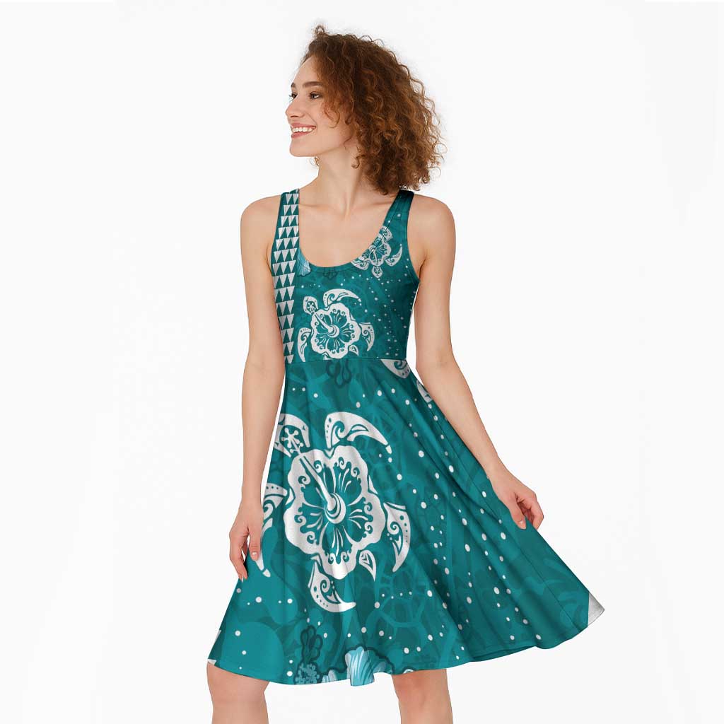 Teal Hibiscus Turle Midi Dress Hawaiian Style Tribal Tapa Pattern - Polynesian Pride