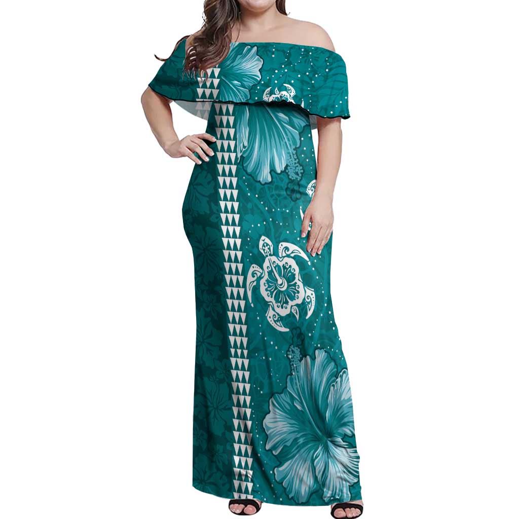 Teal Hibiscus Turle Off Shoulder Maxi Dress Hawaiian Style Tribal Tapa Pattern
