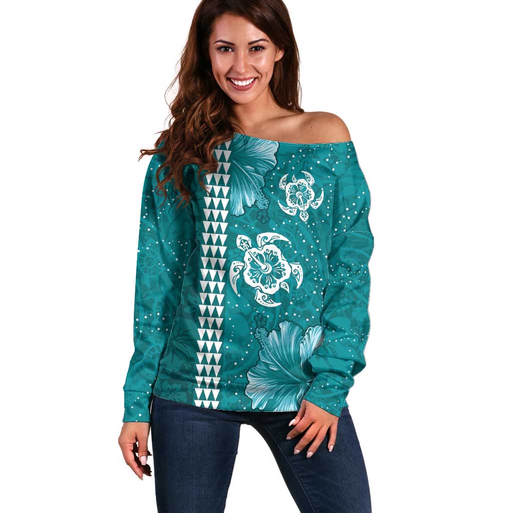 Teal Hibiscus Turle Off Shoulder Sweater Hawaiian Style Tribal Tapa Pattern