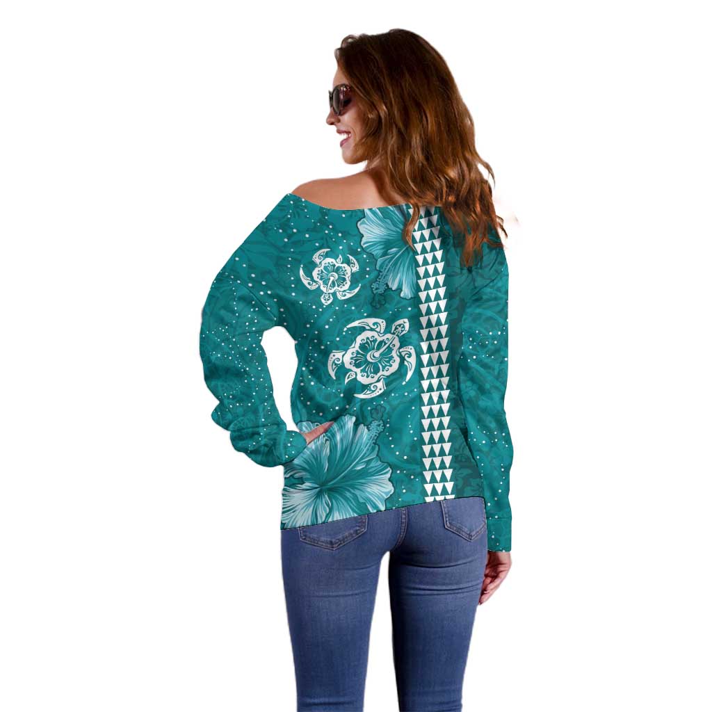 Teal Hibiscus Turle Off Shoulder Sweater Hawaiian Style Tribal Tapa Pattern