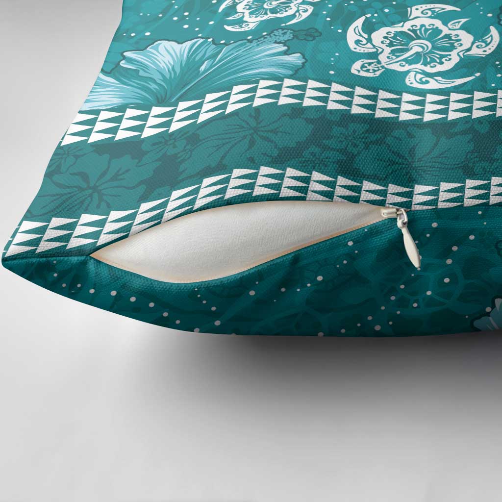 Teal Hibiscus Turle Pillow Cover Hawaiian Style Tribal Tapa Pattern - Polynesian Pride