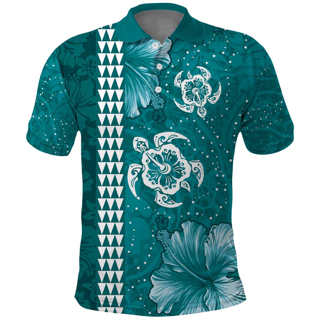 Teal Hibiscus Turle Polo Shirt Hawaiian Style Tribal Tapa Pattern
