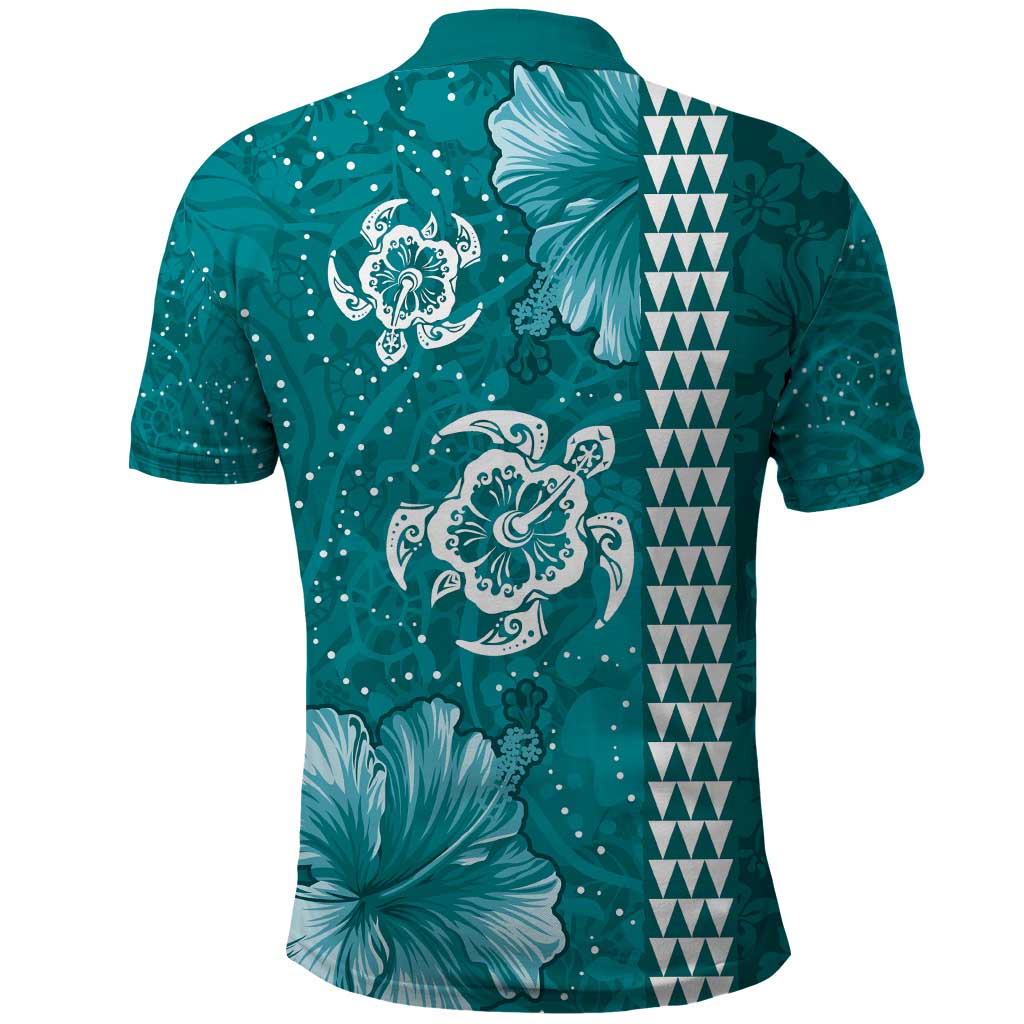 Teal Hibiscus Turle Polo Shirt Hawaiian Style Tribal Tapa Pattern