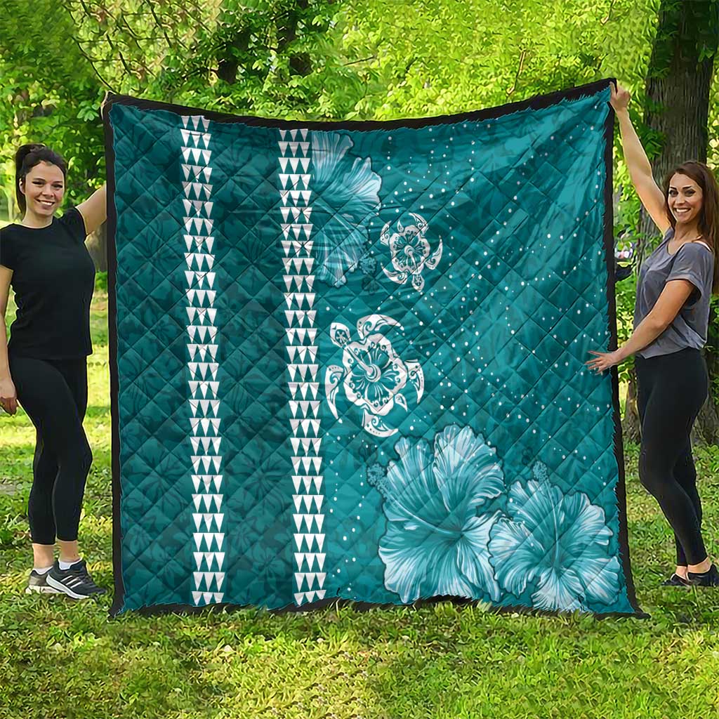 Teal Hibiscus Turle Quilt Hawaiian Style Tribal Tapa Pattern