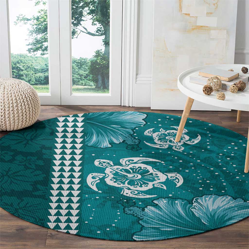 Teal Hibiscus Turle Round Carpet Hawaiian Style Tribal Tapa Pattern