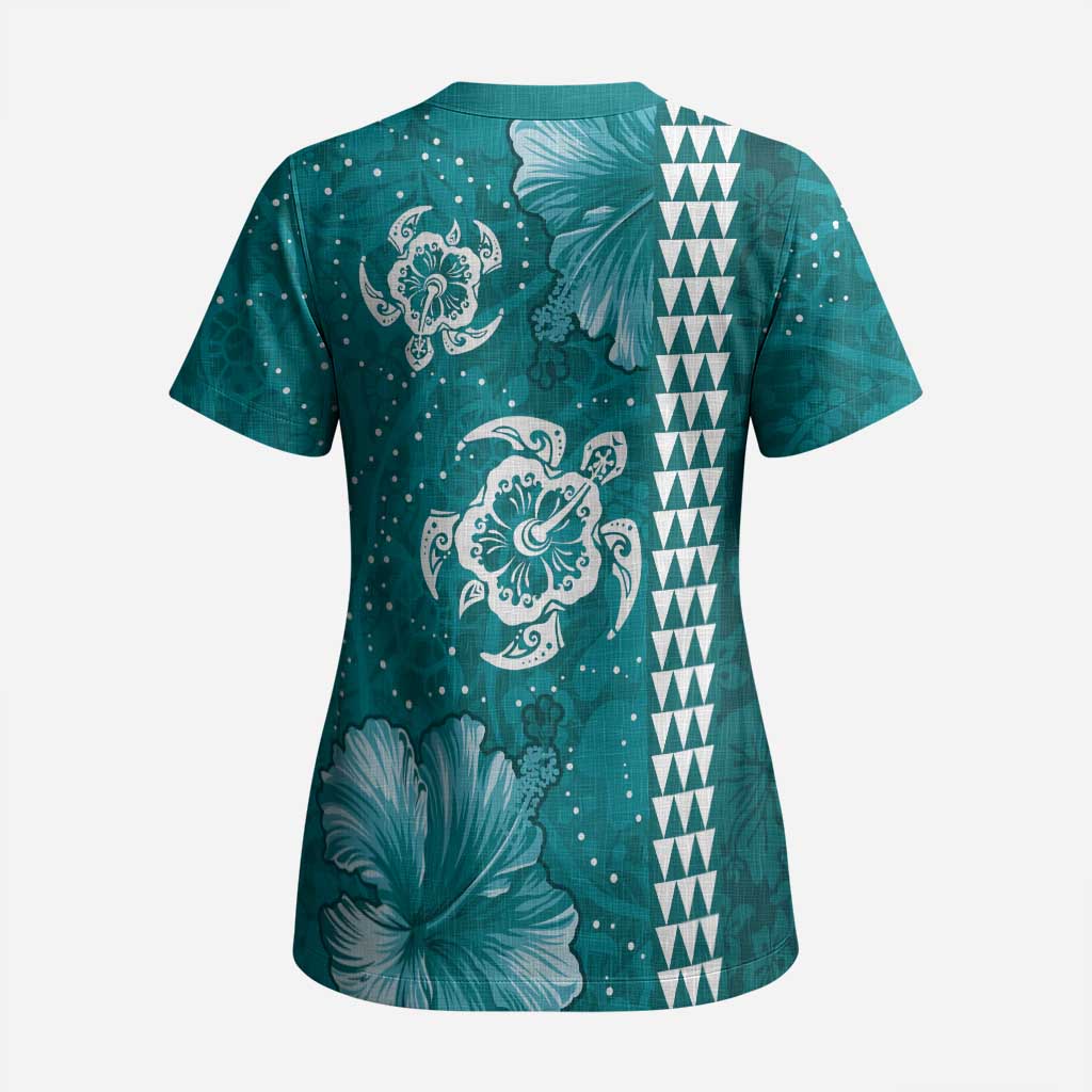 Teal Hibiscus Turle Scrub Top Hawaiian Style Tribal Tapa Pattern - Polynesian Pride